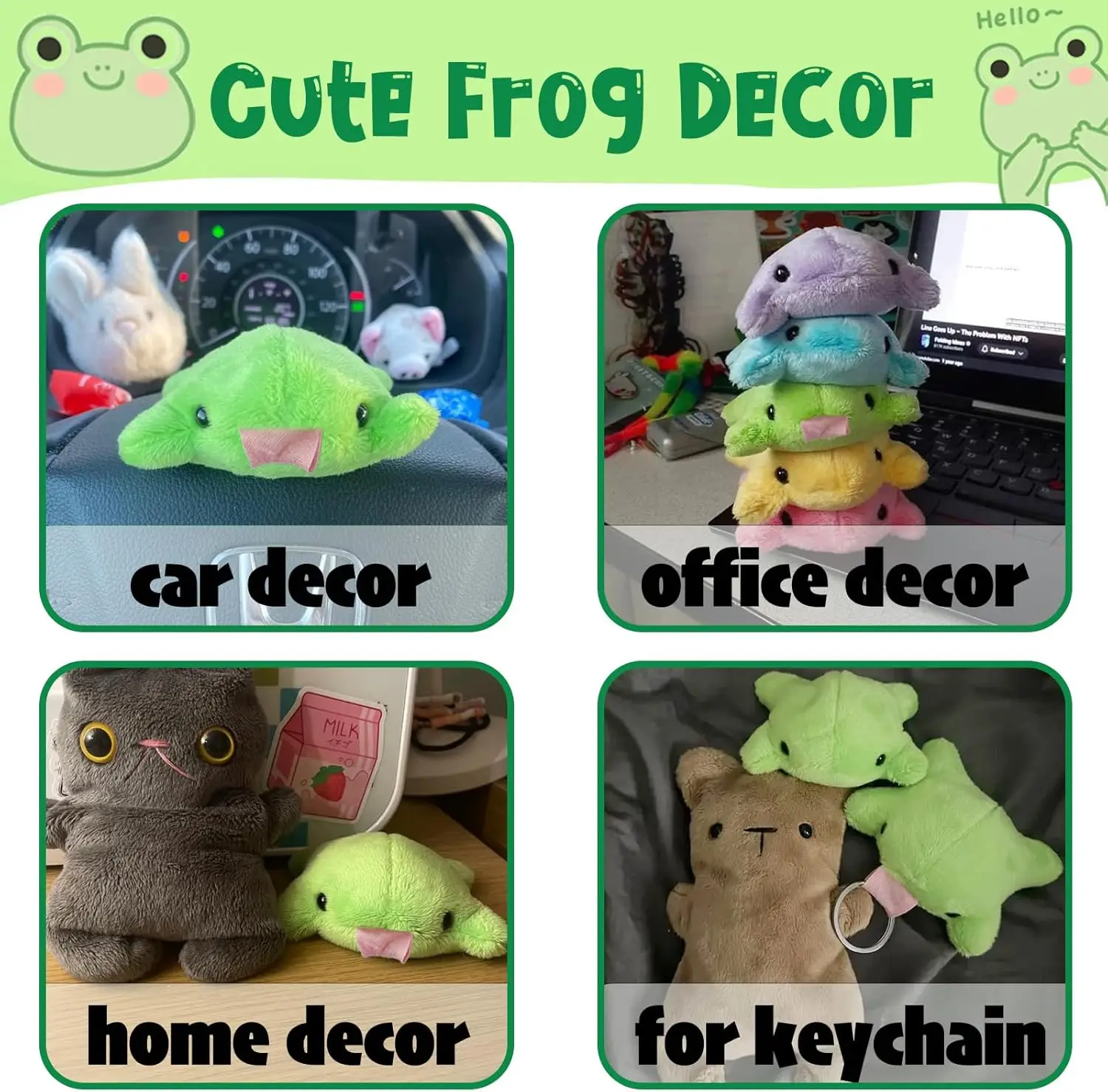 かわいいカエルのキーホルダー、かわいいぬいぐるみチャーム、面白い緑色のカエルの飾り、車の鍵や財布のギフトに。