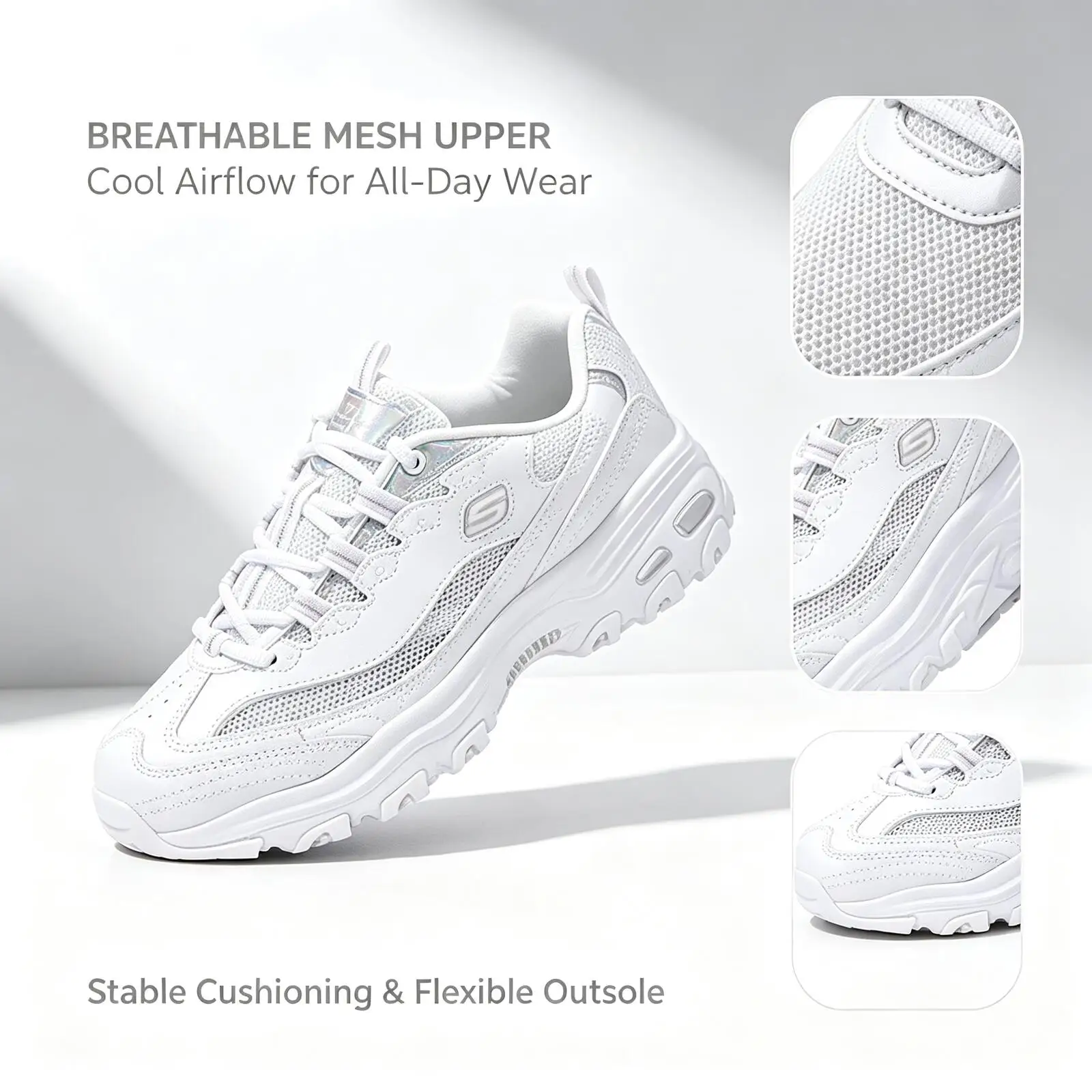 Skechers New Women D'Lites 1.0 Panda Shoes 66666200-WHT White Mesh Platform Cushion Walking Casual Sneakers