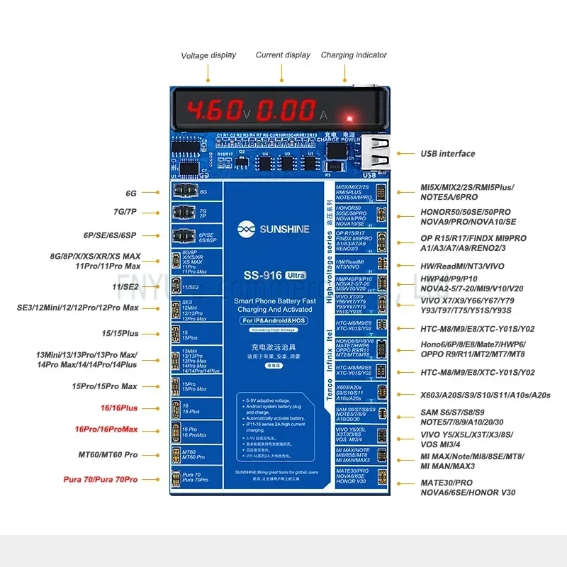 SUNSHINE SS-916 Dispositivo di attivazione ultra carica per IP 6-16PM Android Attivare lo strumento di rilevamento della tensione corrente della batteria