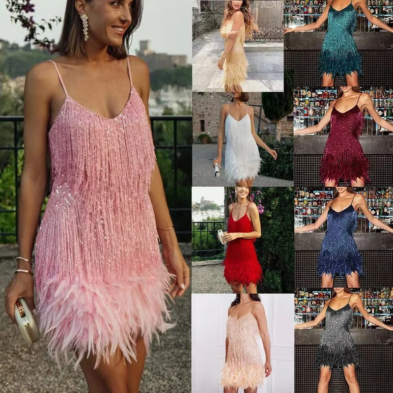 

2024 Fashionable Tassel Sequins Multi Color Party Sexy V-neck Strap Feather Splicing Dress Summer Sundress Dresses for Female