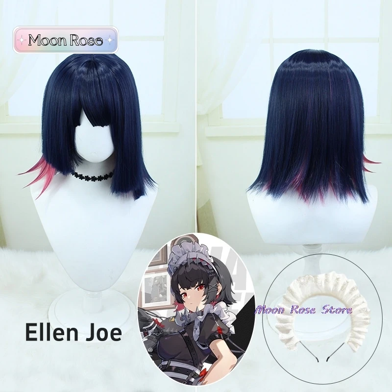 Game Zenless Zone Zero Ellen Joe Peruca Cosplay para Homens e Mulheres, Preto, Vermelho Escuro, Mix Curto, Cabelo Sintético, Headwear, Halloween, 30cm