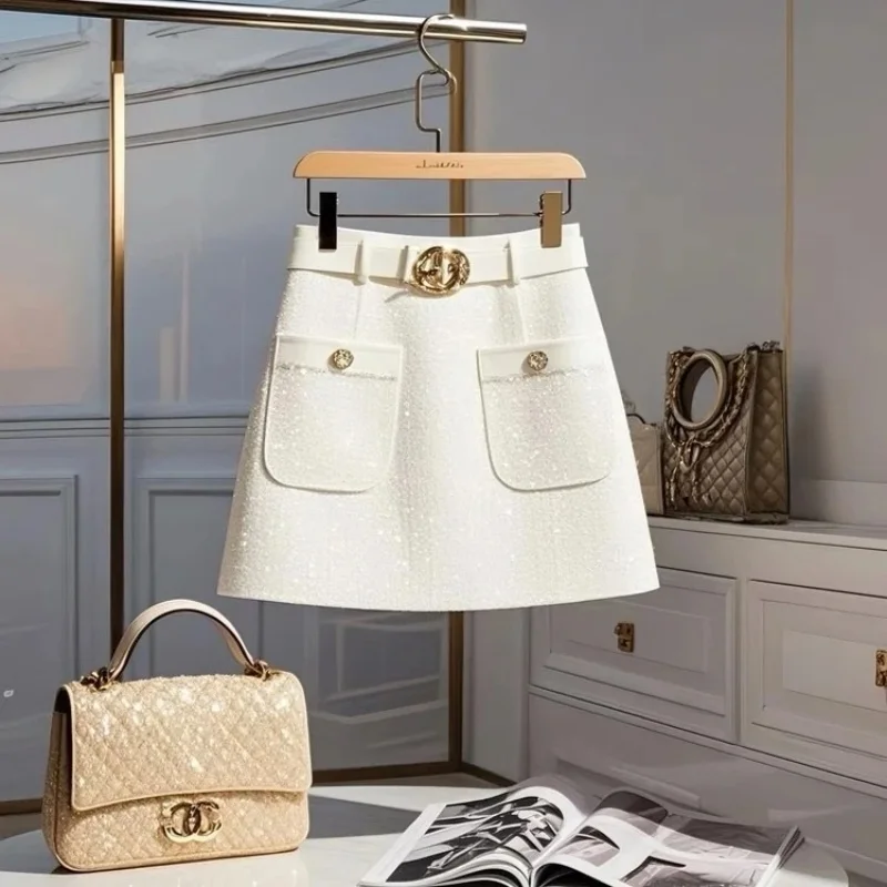 

New Elegant A-line Tweed Mini Skirt Women Fashion Bright Silk High Waist Slim Autumn Office Lady Pocket Short Skirts With Belt