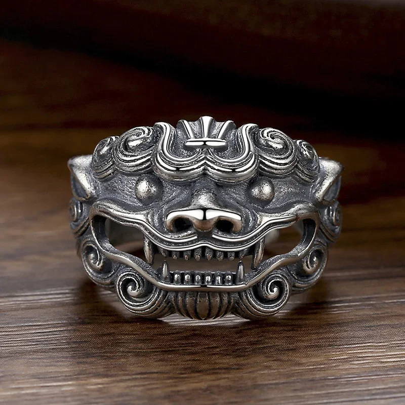 Vintage National Style 925 Thai Silver Divine Beast Tang Lion Head Mens Rings New in Domineering Wide Ring Retro Jewelry