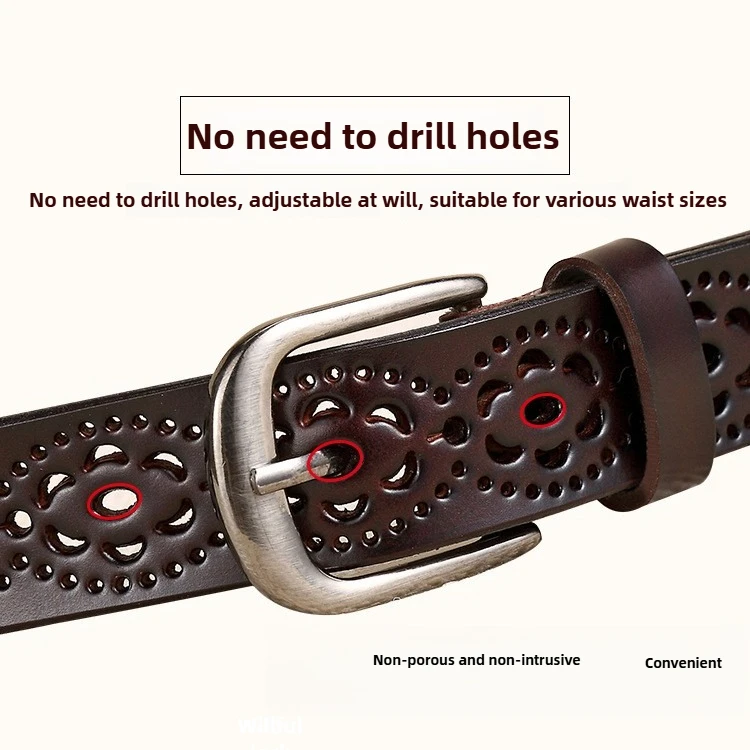 

Women's Pure Cowhide Genuine Leather Casual Versatile Hollow Out Belt Fashionable Pin Buckle Belt High Quality Luxury Women Belt