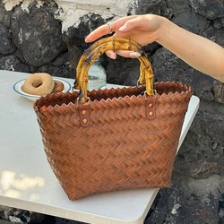 Summer Fashion Women's Straw Shoulder Bag Retro Rattan Female Bamboo Handle Basket Bags Hand Woven Beach Handbags Seaside Tote