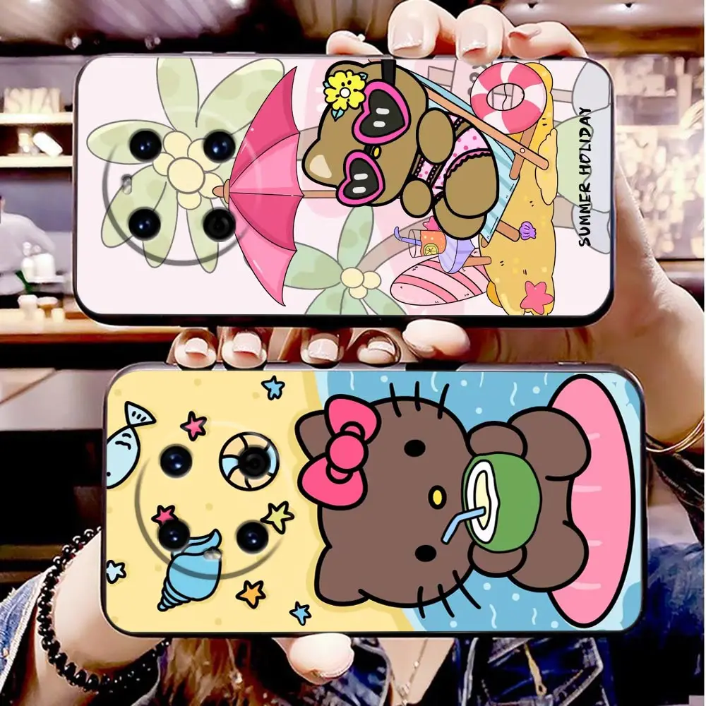 Beach Black Hello Kitty Phone Funda Case For HUAWEI P50 P40 P30 P20 P10 P9 P8 Plus MATE 30 20 20X 10 9 8 Pro TPU Case Capa Shell