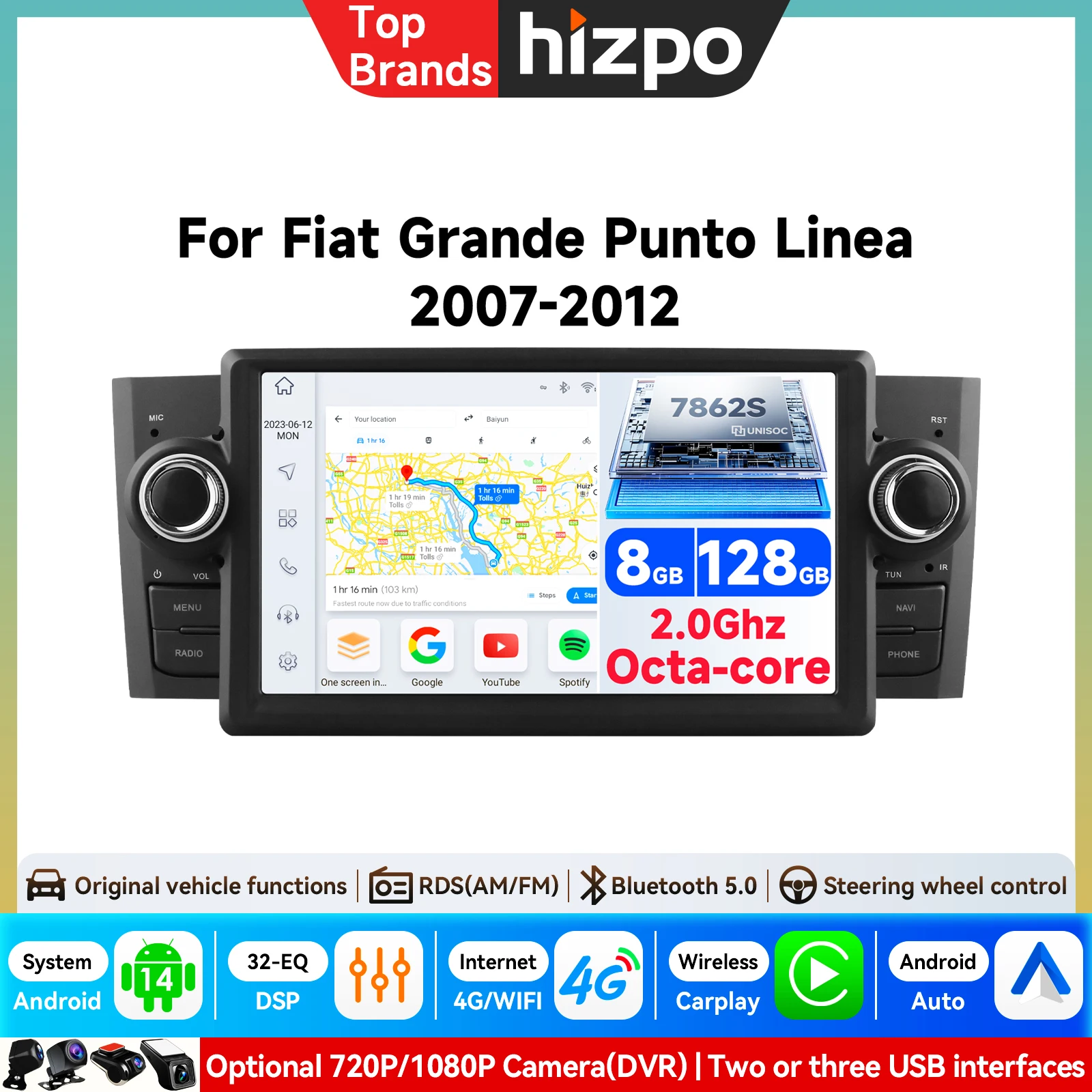 Hizpo 7" Auto-Intelligenzsysteme Pro AI Sprachsteuerung HD-Touchscreen-Autoradio mit kabellosem CarPlay und Android Auto für FIAT Punto 2005-2009/Linea 2007-2011, Auto-Multimedia-Player,