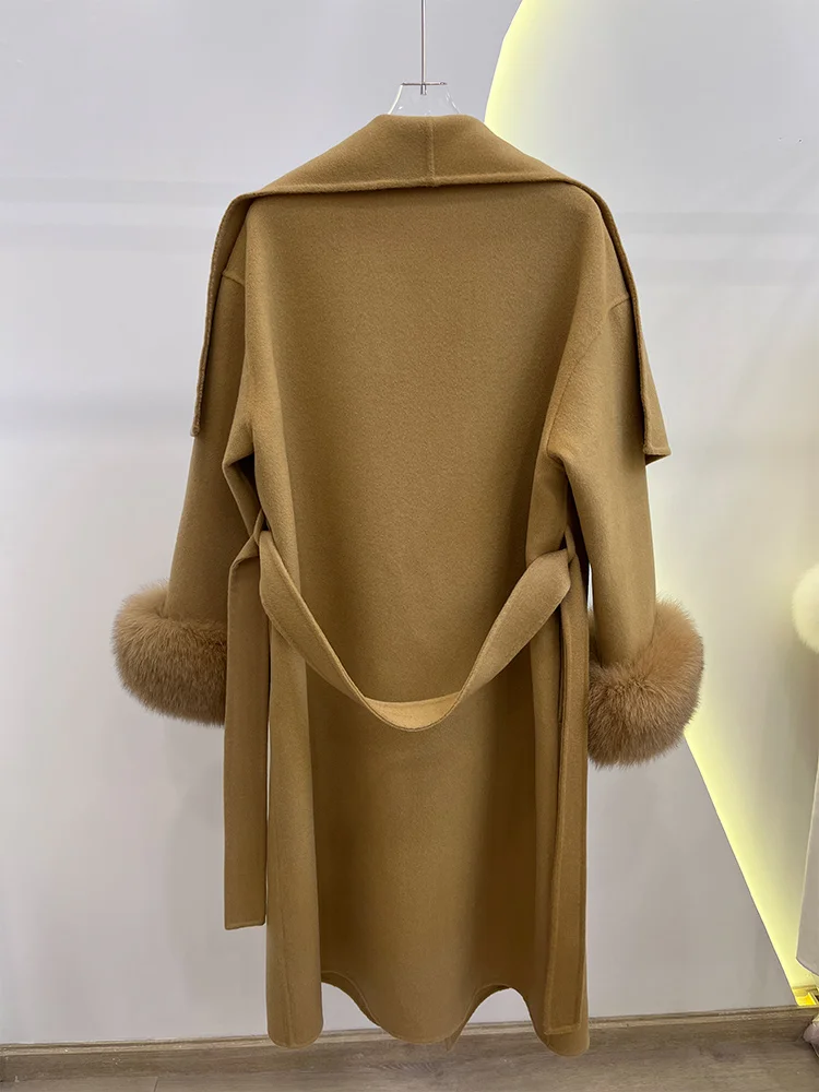 سترة صوف شتوية للسيدات لعام 2025 معطف فاخر من فرو الثعلب الحقيقي ملابس فضفاضة من الكشمير مزدوج