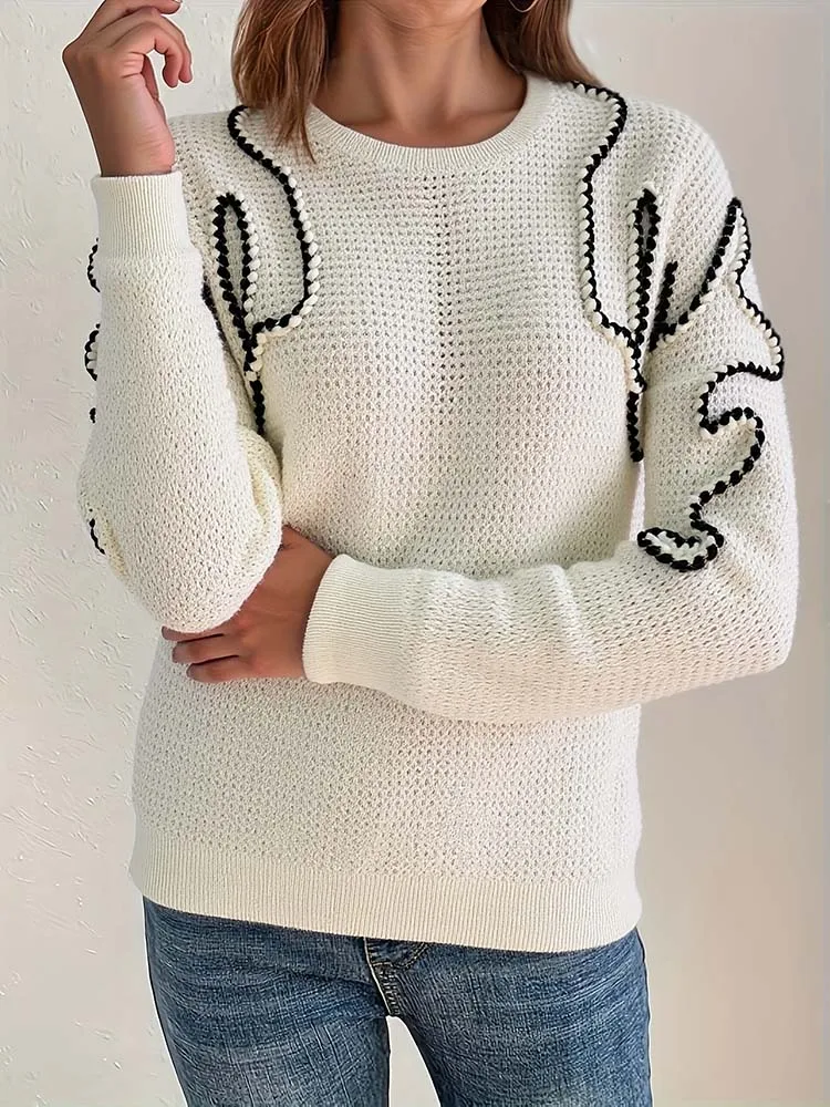 

Женский пуловер с вышивкой и геометрическим узором, элегантный, модный и универсальный, с французскими цветочными мотивами.