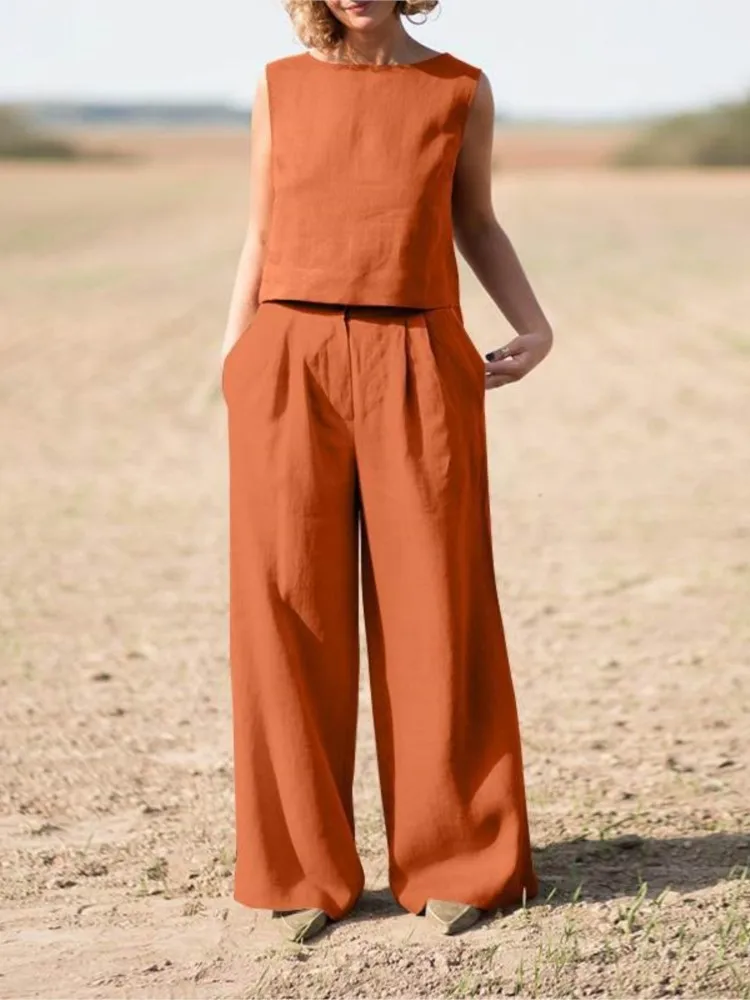 Summer Women Casual 2 Piece Set Fashion O Neck Solid Shirt Wide Leg Long Pants Women Sets New 2024