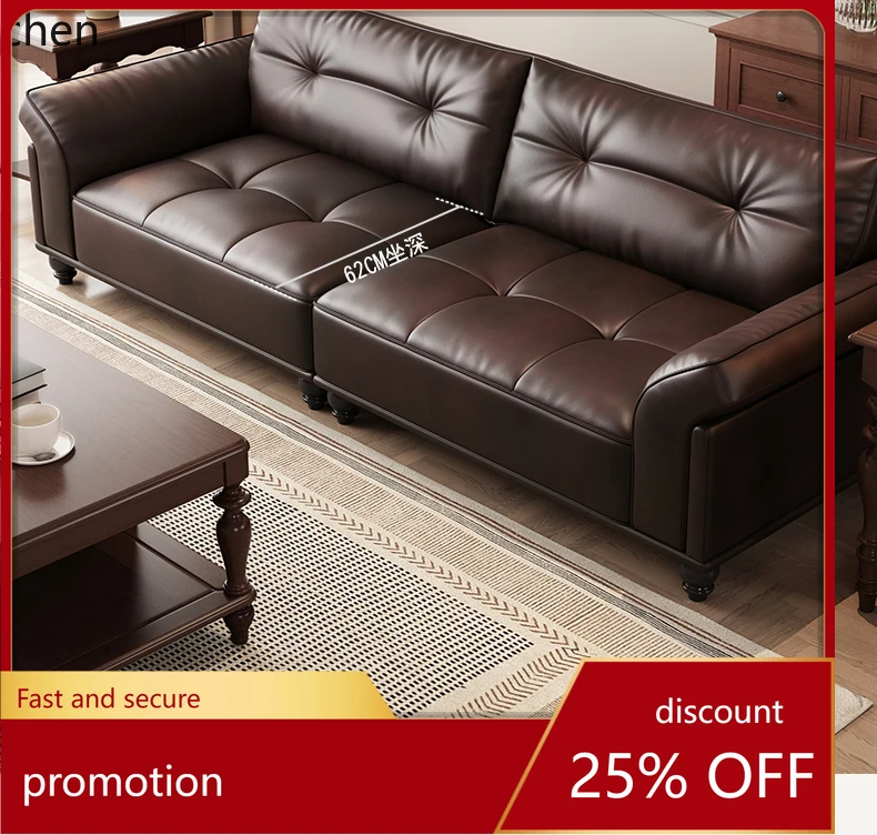 

HXL Genuine Leather Vintage Sofa Living Room Straight Sofa Small Apartment Mid-century Sofa