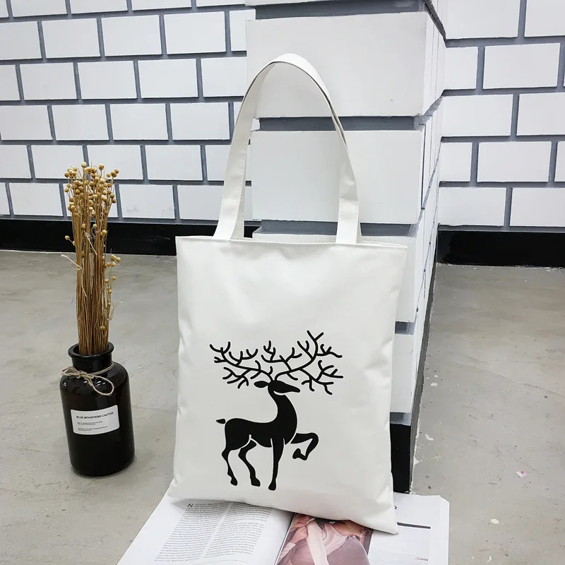 Deer Print Canvas Tote Bag for Women Large Capacity Shoulder Bag Casual Eco-Friendly Reusable Shopping Handbag for Daily Use