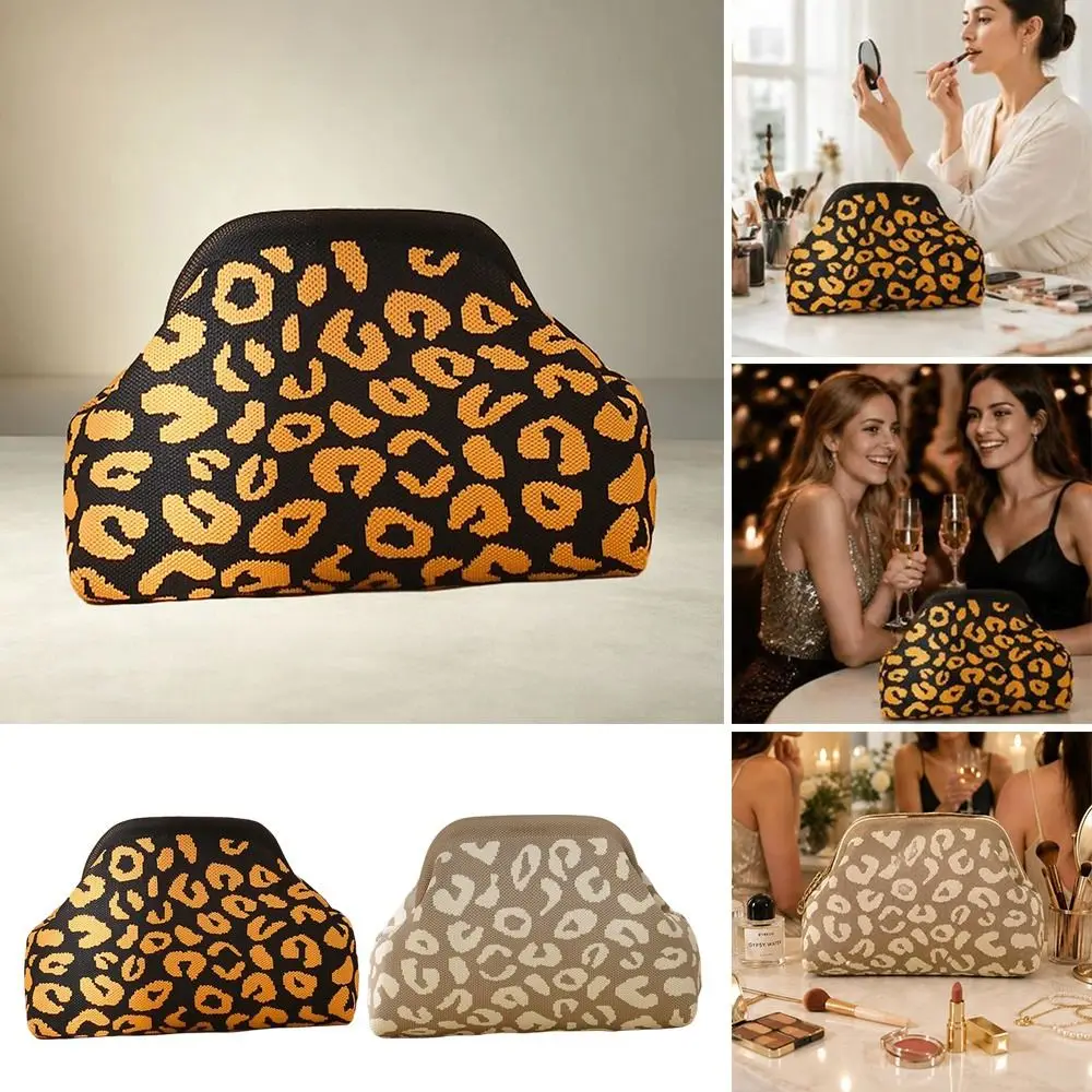 Fashion Polyester Clutch Bag Leopard Print Large Capacity Clip Bag Clip Closure Knitted Fabric Purse Daily