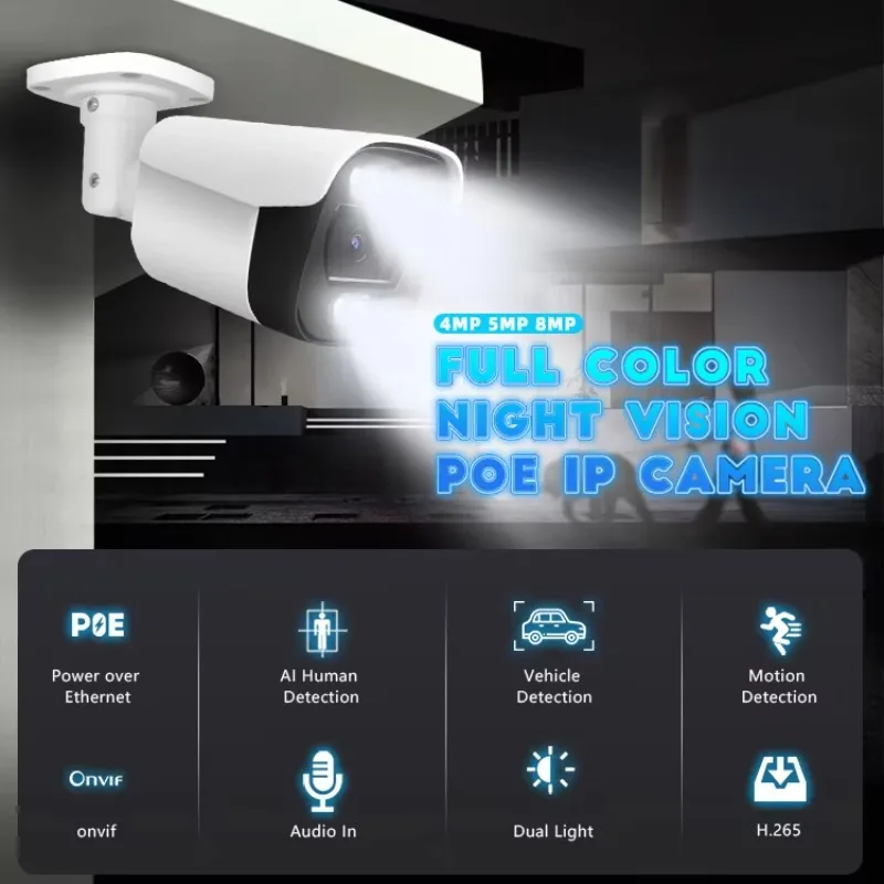 8MP PoE IP Bullet Netzwerkkamera Plug-and-Play 2,8 mm Audio Dual Light 4K wasserdichte Außenüberwachung CMOS Sensor NVR Daten
