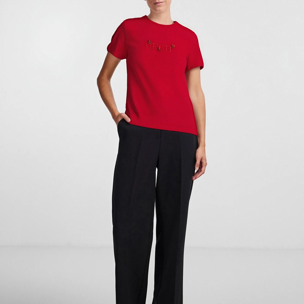 Camiseta CHCH para mujer, nueva camiseta negra resistente bordada con cuello redondo, Top informal cómodo