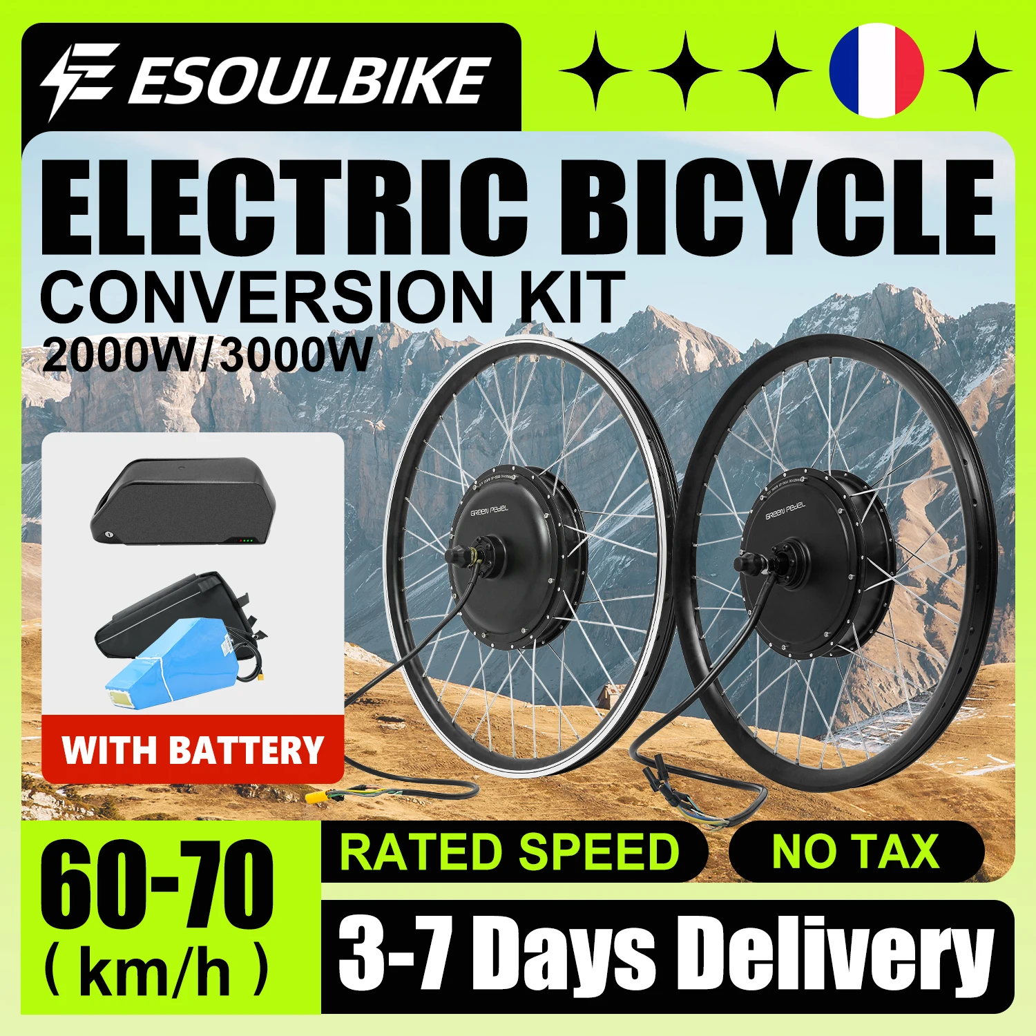 ESOULBIKE Kit de Conversion de vélo électrique 52V 2000W 72V 3000W Kit de Conversion de vélo électrique moteur de moyeu de roue arrière avec batterie