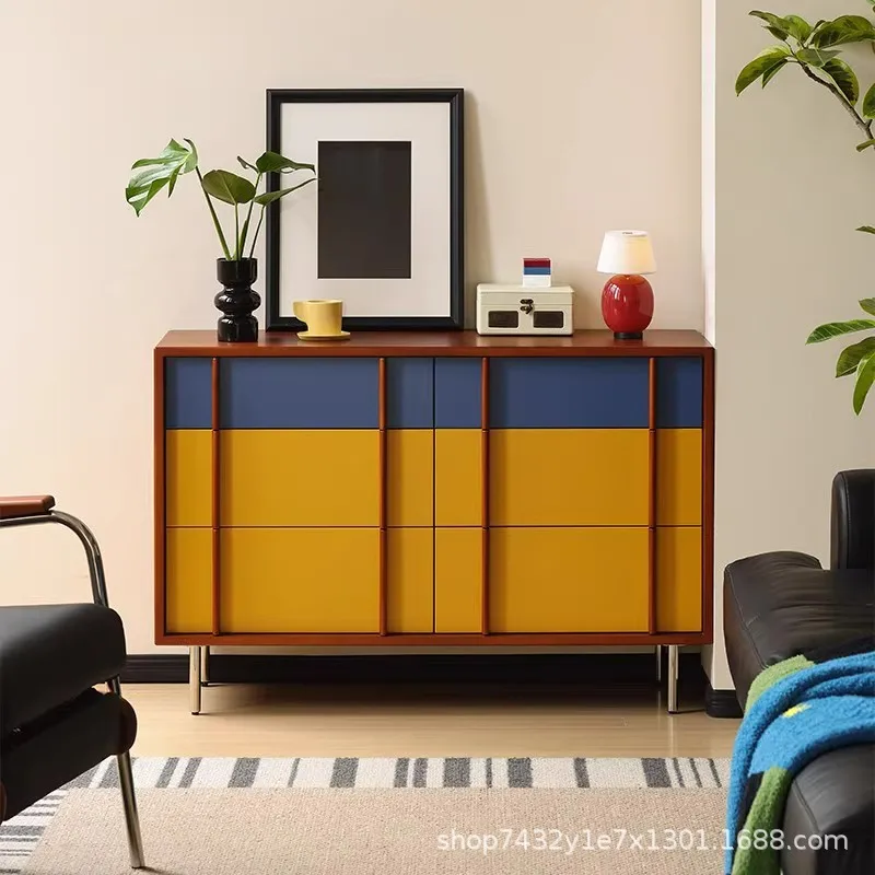 Medieval contrasting color solid wood six-chest cabinet, living room against the wall, simple drawer cabinet, entrance cabinet,
