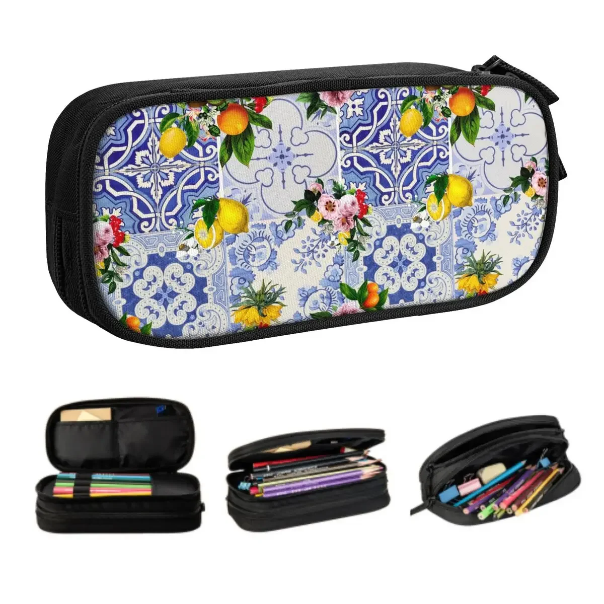 Custom Mediterranean Summer Fruit Lemons Tiles Kawaii Pencil Cases Boys Gilrs Large Capacity Pencil Bag School Supplies