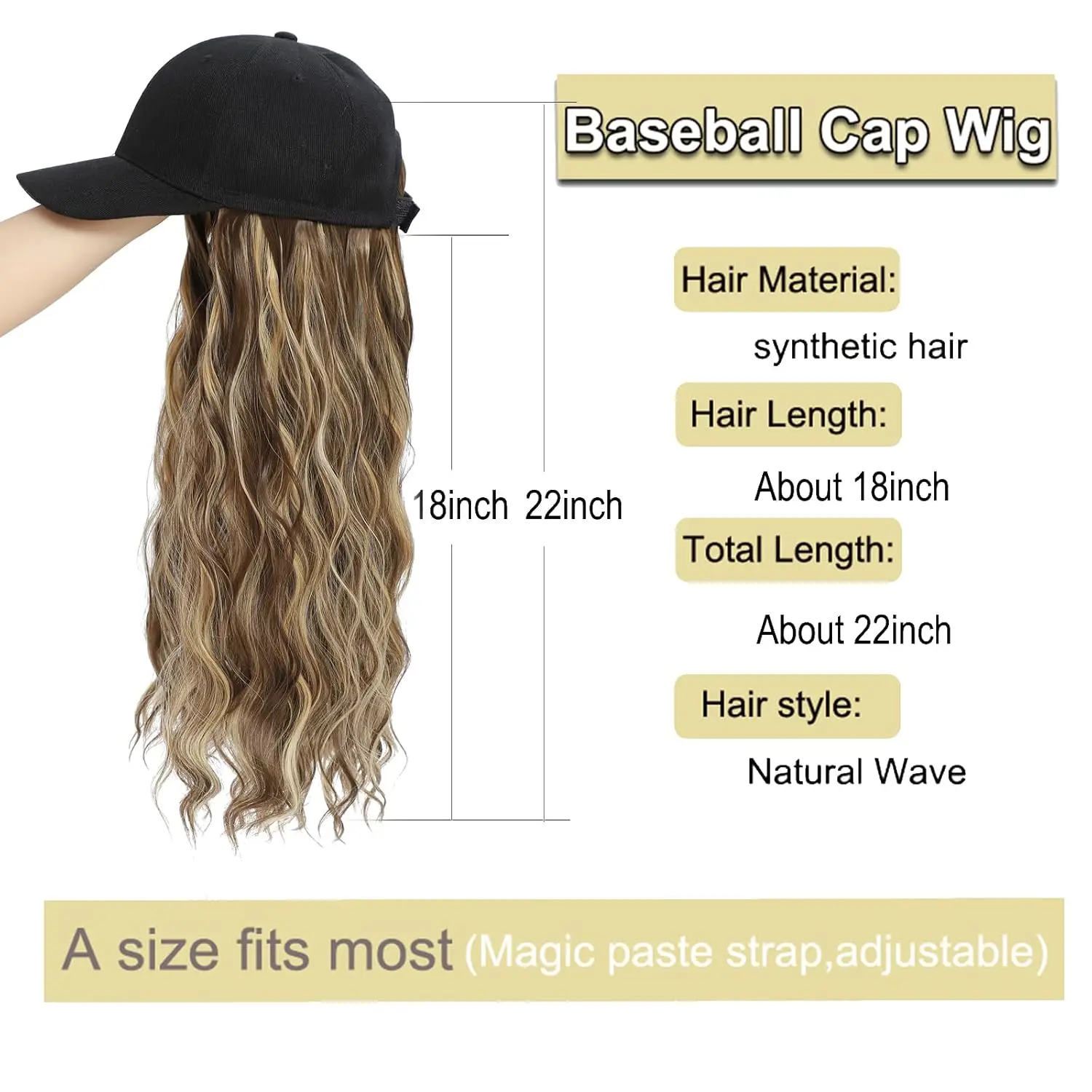 Baseball Cap Wig Natural Wave Hair Extensions With Hat Heat Resistant Synthetic Adjustable Wig Black Cap Wigs for Women Girls