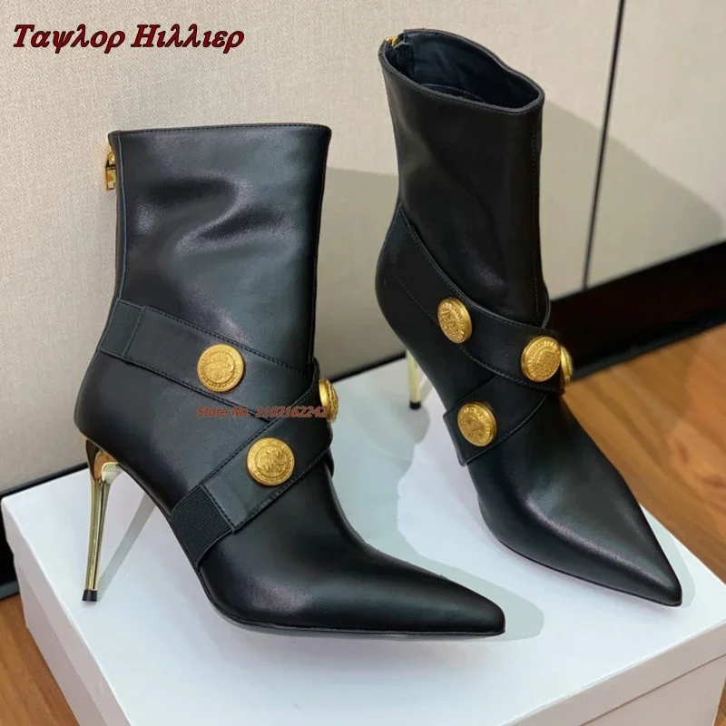 

Женские ботильоны на шпильке 10 см, с острым носком и металлической пуговицей