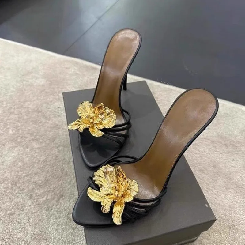 2025 Women's Sandals Slippers Summer Metal Flowers Beautiful Fashion Sandals Women's Stiletto High Heels Black Sandals image 3