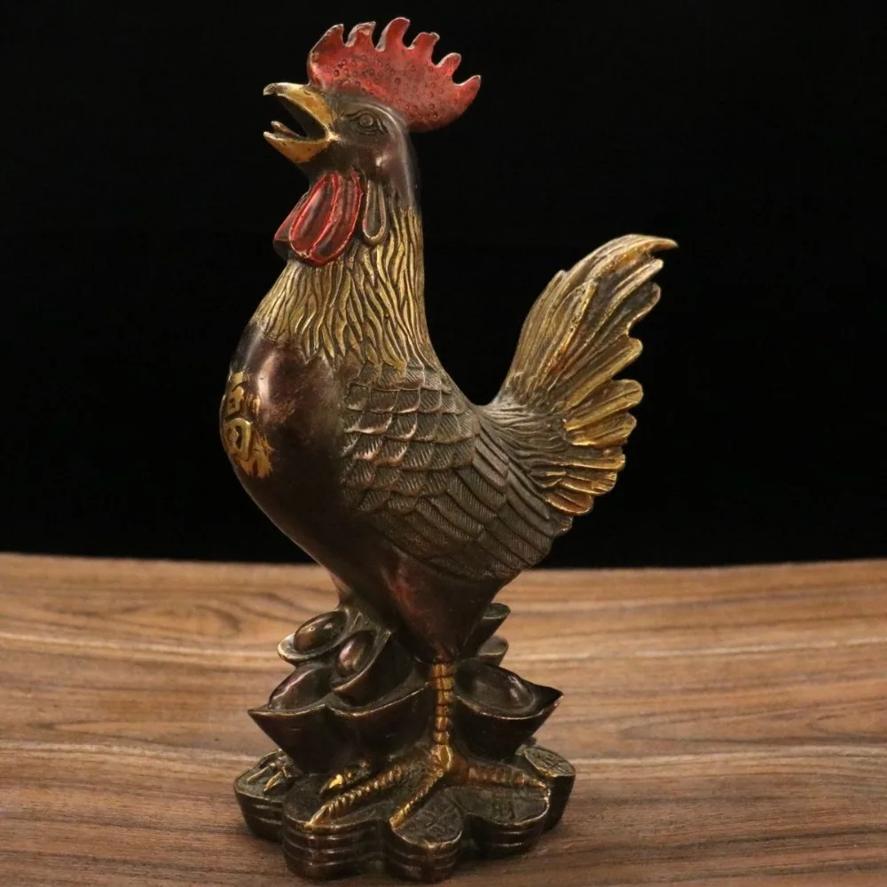 Colorful Copper Gilded “Fu” Character Rooster Ornament: Ingot-Shaped Rooster Decor for The Home, Living Room, or Office