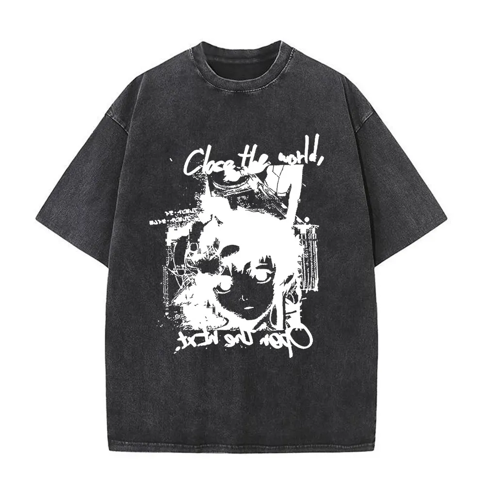 

Serial Experiments Lain Anime Vintage Washed T-Shirt Manga Iwakura Girl Sci Fi Short Sleeve T-shirts Cotton Casual T Shirt