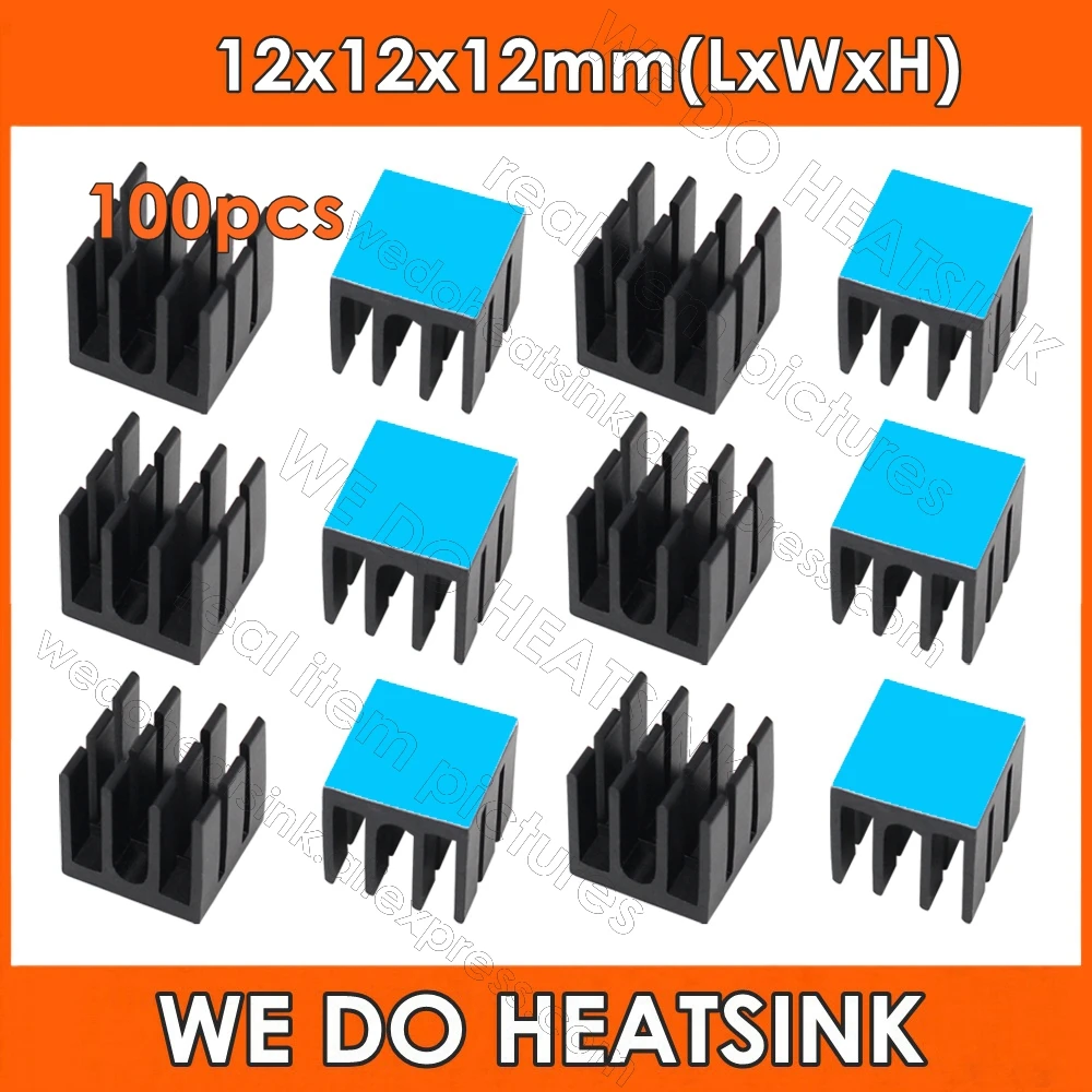 

WE DO HEATSINK 100pcs 12x12x12mm Black Slotted Aluminum Heatsink Radiator Cooler With Thermal Heat Transfer Adhesive Tape