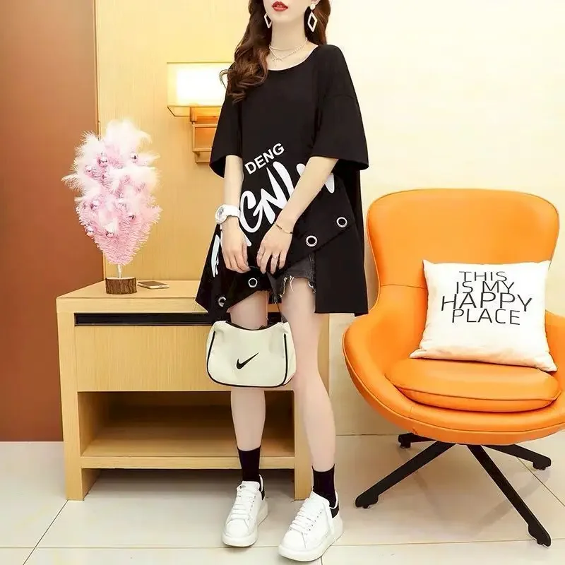 Womens T Shirt Irregular Short Sleeve T-shirt Summer Trend Loose Mid-length Top Fashion Design Oversized Thin Half Sleeve Tshirt