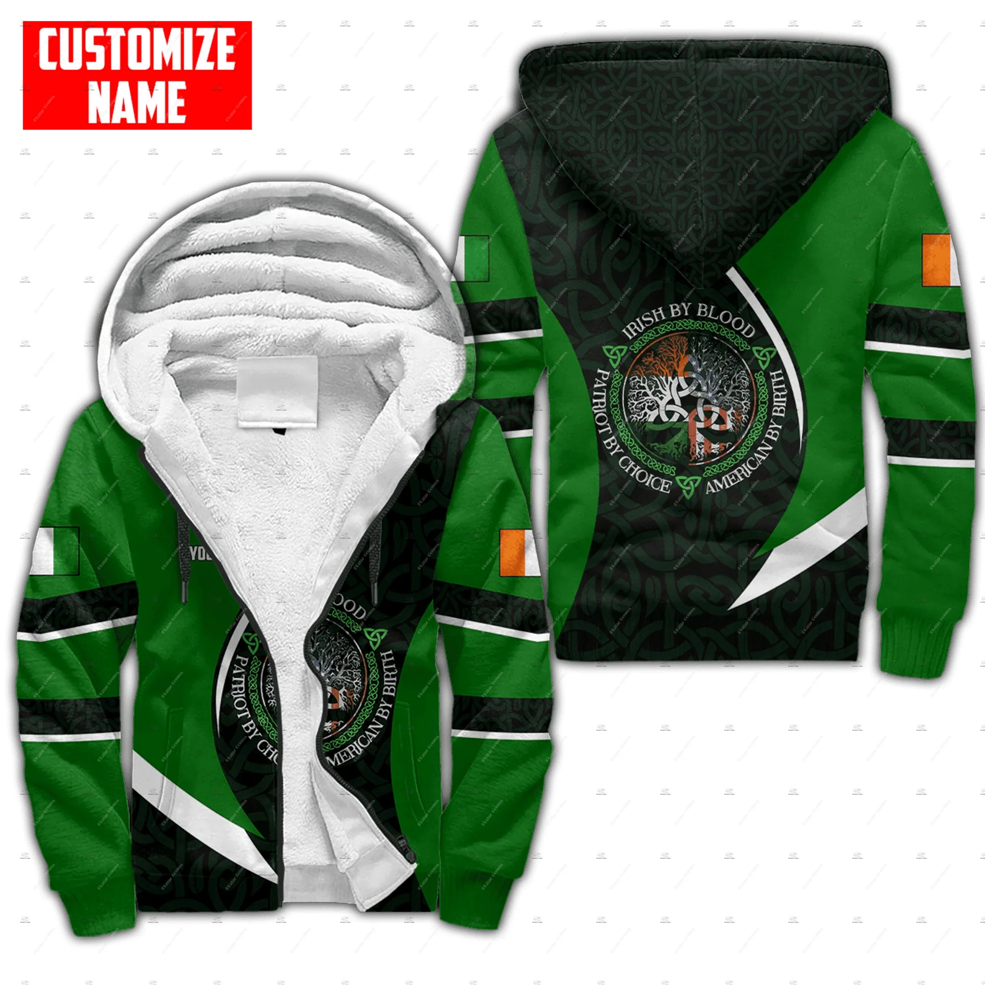 Custom Name Irish Ireland Country Flag St.Patrick Vintage 3DPrint Harajuku Autumn Winter Warm Coat Fleece Jacket Zip Hoodies X2