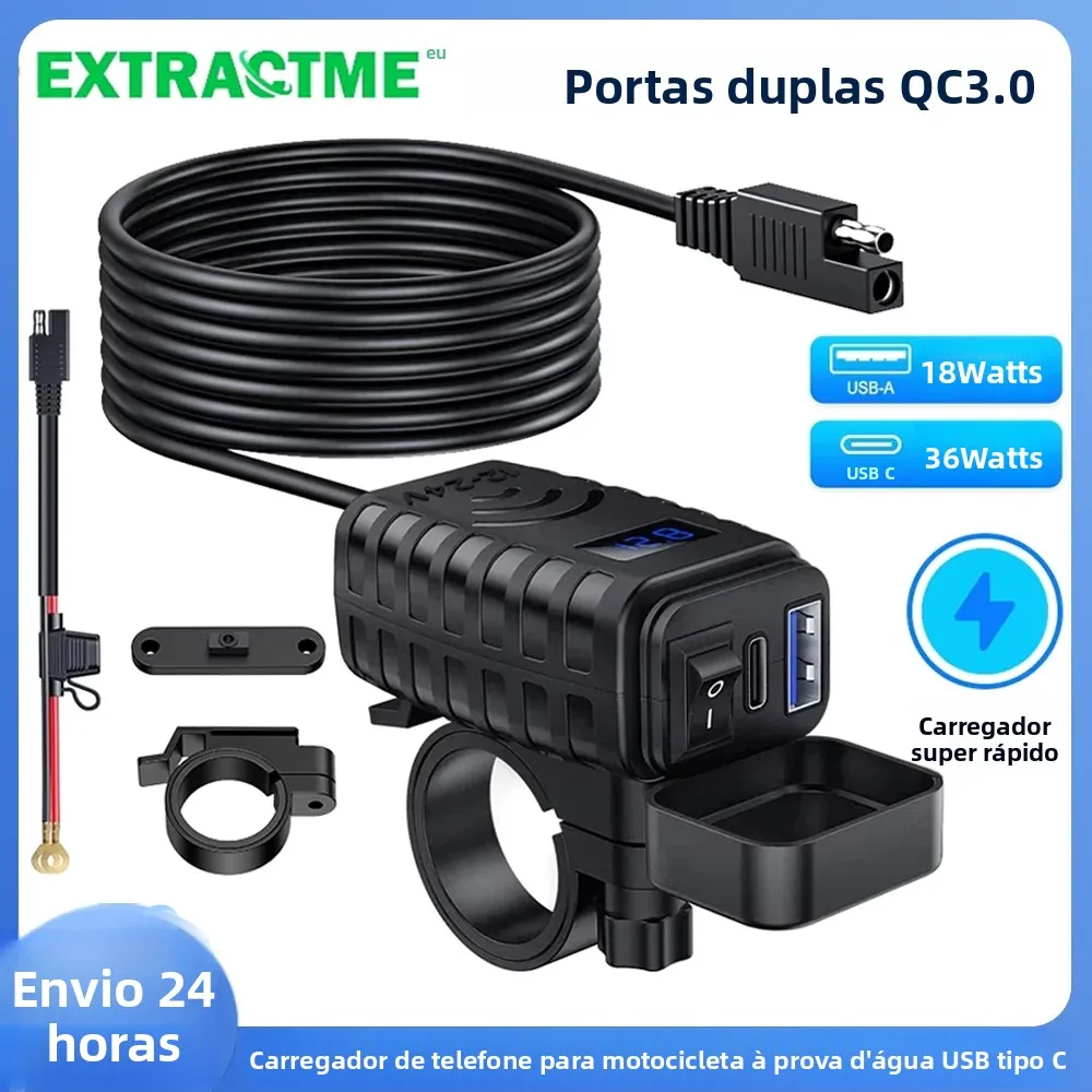 Extractme motocicleta usb carregador rápido tomada à prova dwaterproof água com tipo c qc3.0 tomada de energia moto carregador telefone com voltímetro & interruptor