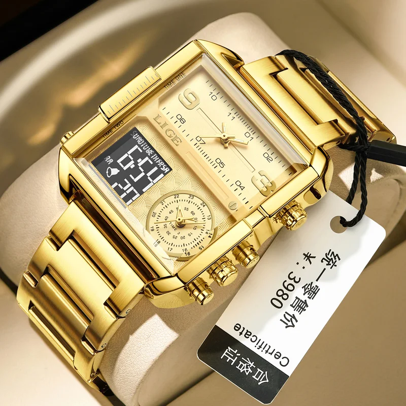

LIGE Роскошные оригинальные мужские спортивные наручные часы золотые кварцевые стальные водонепроницаемые часы с двойным дисплеем для мужчин часы с двойным дисплеем