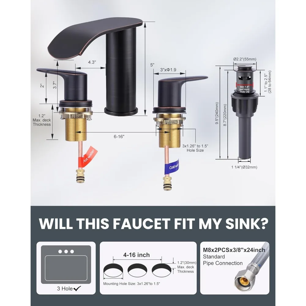 Grifo de baño de cascada generalizado de 3 orificios y 8 pulgadas, mezclador de lavabo de tocador de 2 manijas con drenaje y mangueras, bronce frotado con aceite
