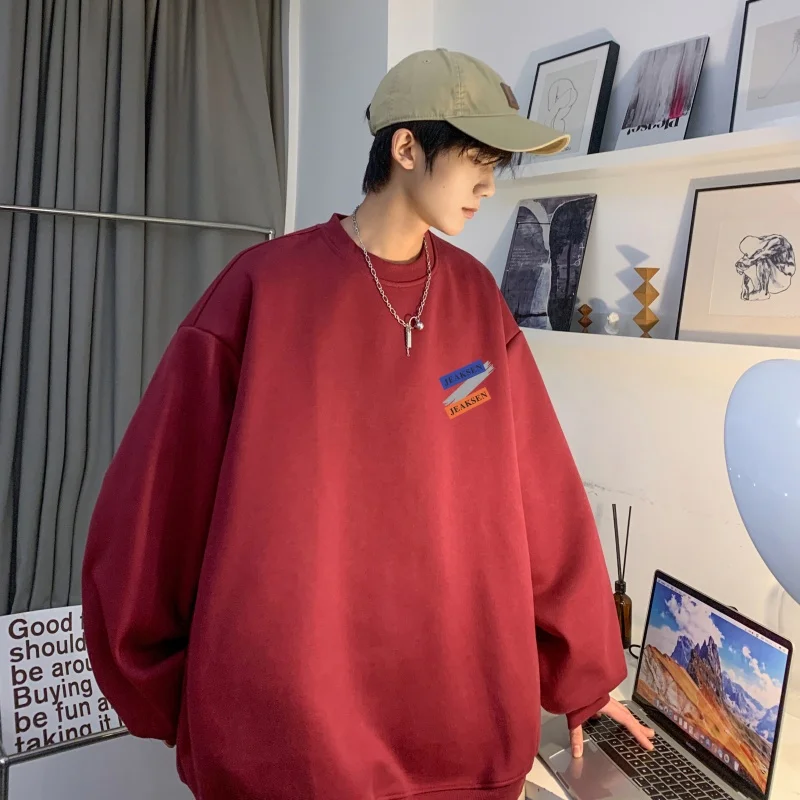 

Красная американская ретро-толстовка из плотной ткани с длинным рукавом и круглым вырезом для подростков, весна-осень, повседневная, свободного кроя, с принтом