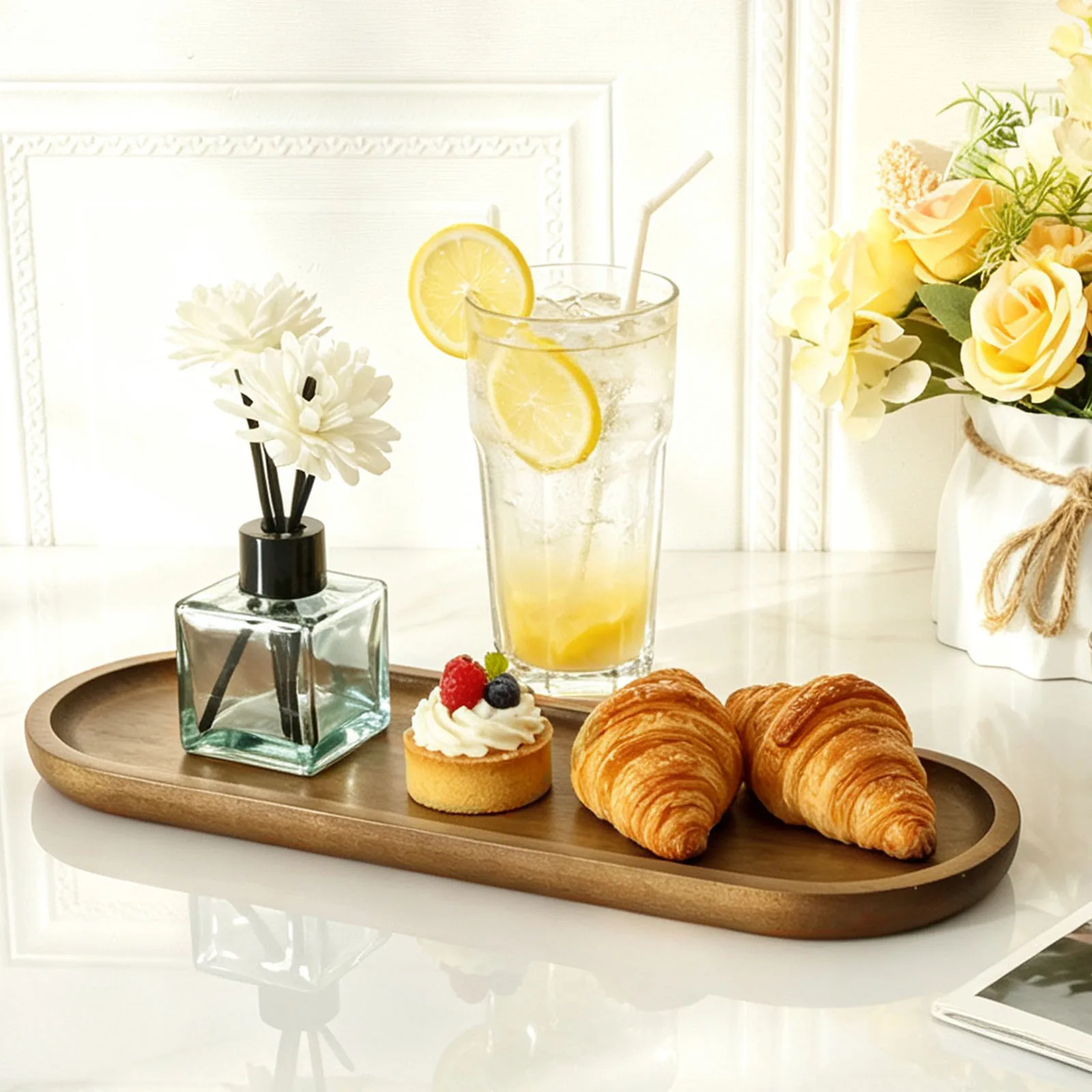 Oval Wooden Tray Gongfu Tea Tray Coffee Storage Tray Versatile Small Oval Wood Serving Tray for Key Jewelry Wallet Dessert Plate