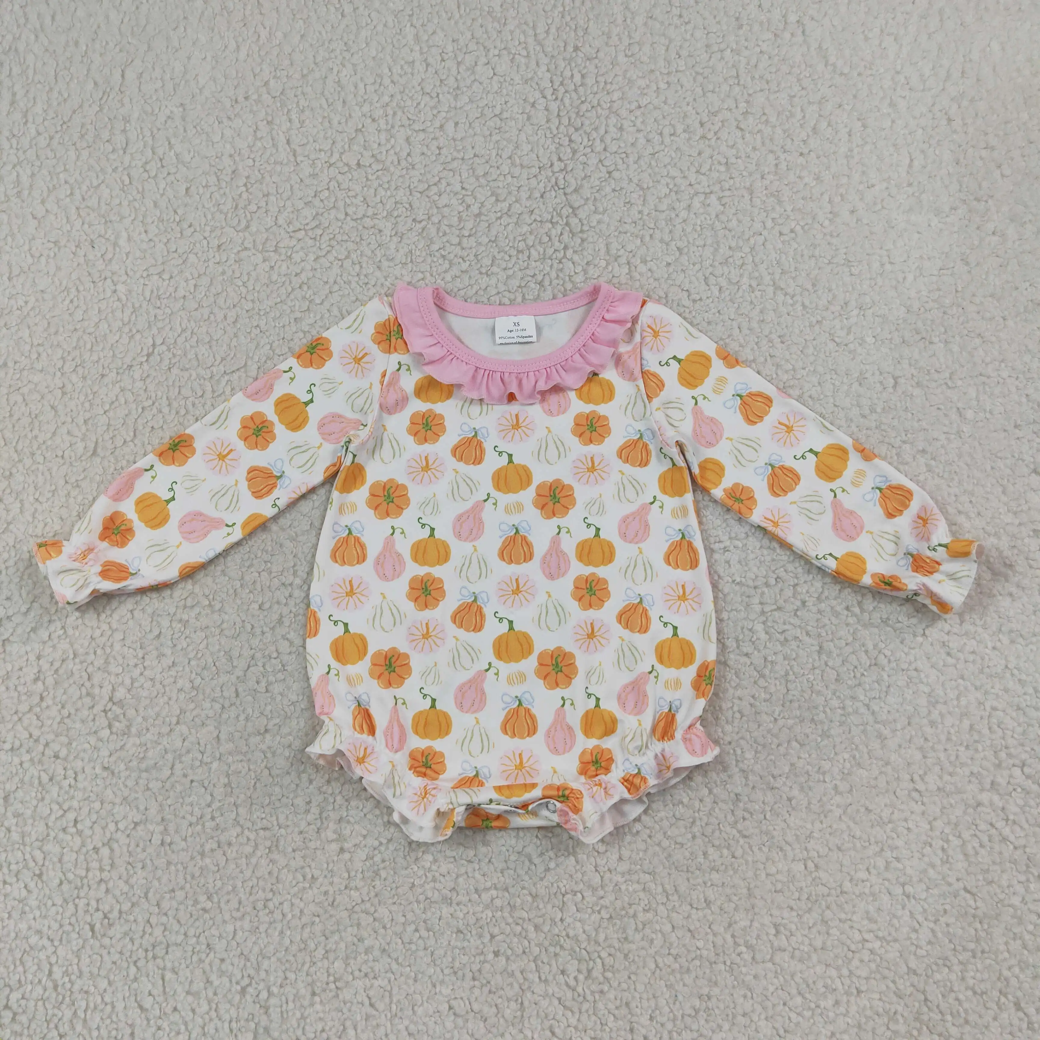 Wholesale Baby Girl Toddler Thanksgiving Children Long Sleeves Pumpkins Bows Ruffle Romper Kids Newborn Fall Coverall Bodysuit