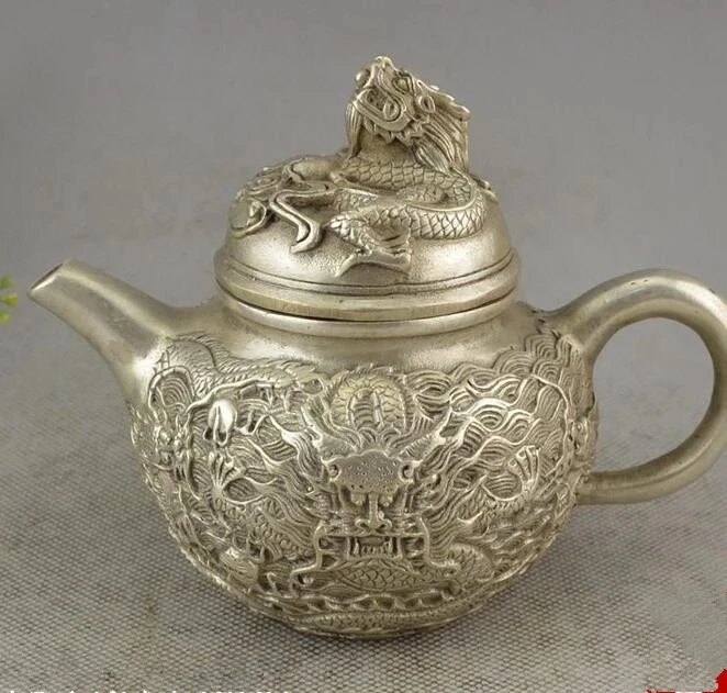 

China collection archaize white copper dragon teapot crafts statue