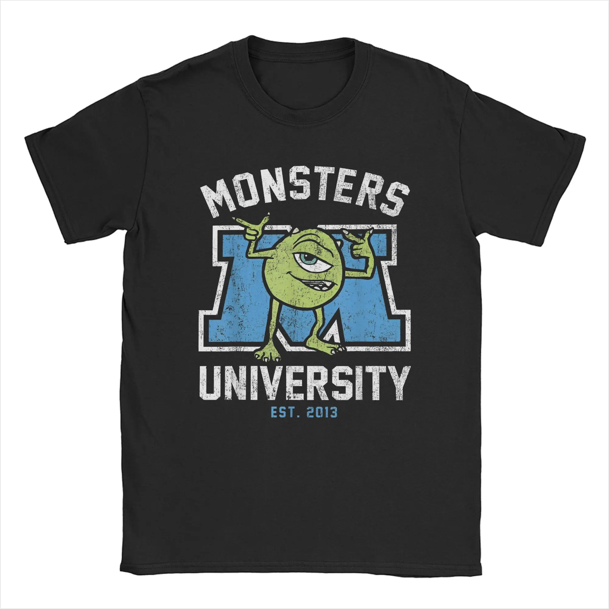 Monsters University Mike Collegiate Logo T-Shirts Men Cartoon Vintage 100% Cotton Tee Shirt Round Collar Short Sleeve T Shirts m