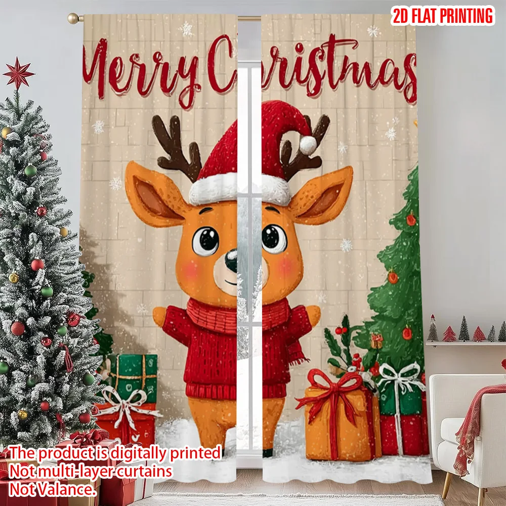 

2pcs 2D flat printing Christmas Curtains Reindeer snowflakes Versatile Polyester Without Electricity Versatile Use for Home Wall