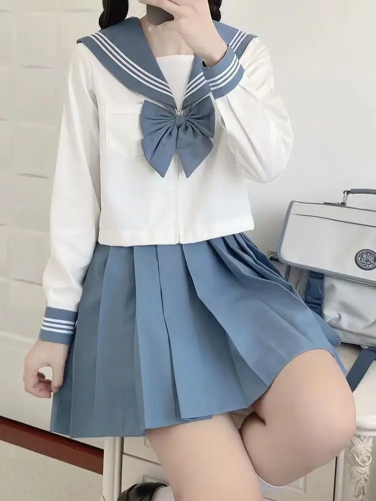 Uniforme JK blu Uniformi scolastiche giapponesi a maniche lunghe estive Set da marinaio per ragazze Gonna a pieghe Costume uniforme JK