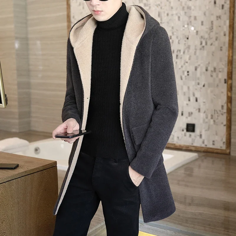 

Autumn and Winter Men Wool Coat Fashion Men's Jacket Slim Body Warm Winter Windproof Wool Coat British Hooded Men's Windbreaker