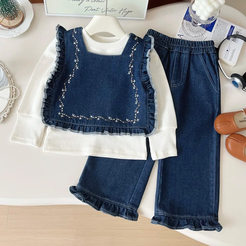 

Girls' Fashion Soft Denim Three-Piece Set Autumn Children's Western Style2024New Children Fashionable Trousers Suit Tide