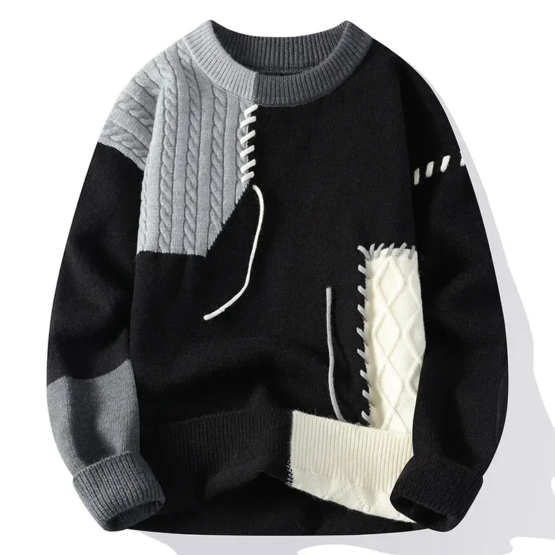 

2025 New Men Casual Long Sleeve Knitted Jumpers Patchwork Sweater O Neck Pullovers Spliced Jumper Slight Strech Standard Wool