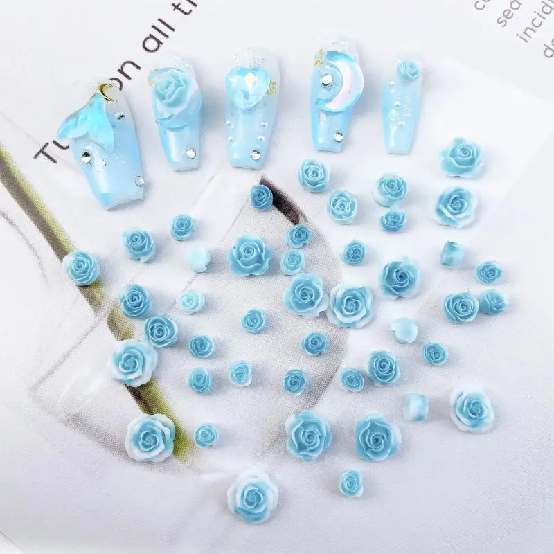 Random Mixed Camellia Nail Art Decorations Lake Blue Resin Flower Buds Nail Charms Accessories for Making DIY Manicure Supplies