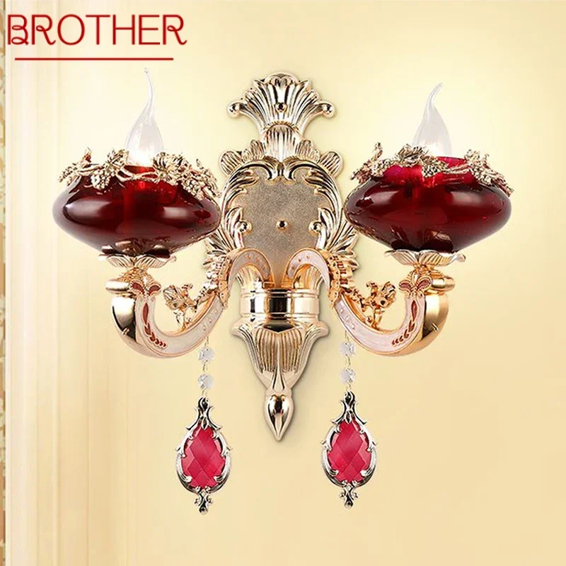 BROTHER European Red Crystal Wall Lamp Luxury Living Room Bedroom Bedside Lamp Background Wall Corridor Villa Hotel Lighting