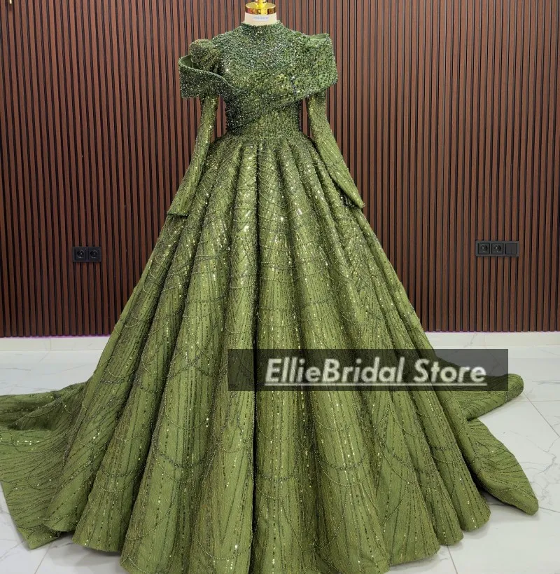 

Luxury Muslim Evening Dresses Long Sleeves Pearls Sequin Wedding Second Dress High Neck A Line Arabic Prom Gowns Customized