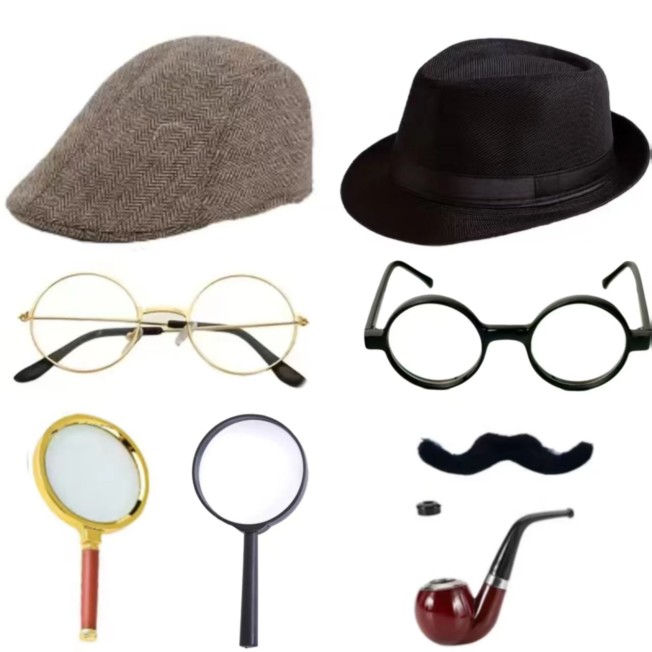 Zestaw akcesoriów do kostiumu detektywa z lat 20.: zawiera kaszkiet, okulary i fajkę, idealny na imprezę o tematyce mrocznych lat dwudziestych.