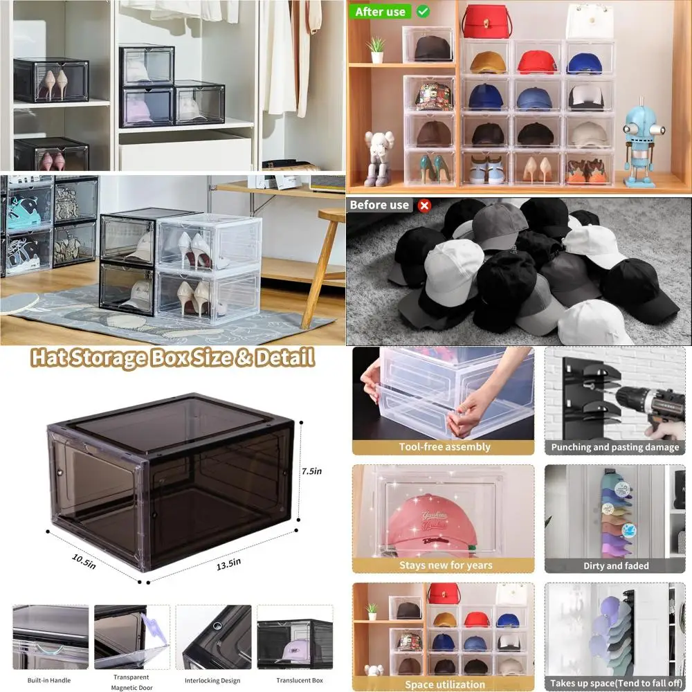

Hat Organizer or Baseball s,set o 6, Transparent Storage Box Hat Holder With Clear Magnetic Door, Stackable Rack, Easy to Assemb