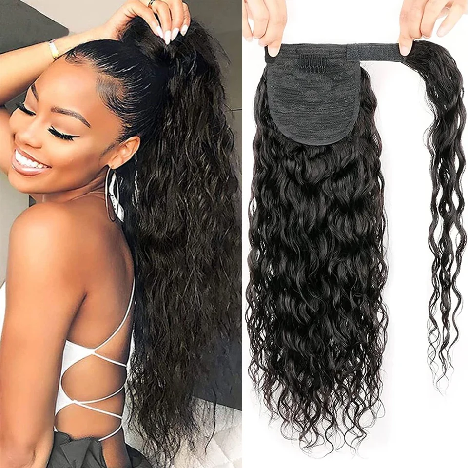 30 32 Inch Water Wave Wrap Around Ponytail Remy Human Hair Ponytail Extension For Women Mongolian Hair