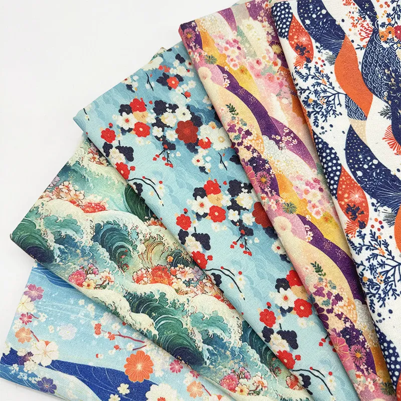 

Printed Japanese Fabric Cotton Linen By Meters for DIY Tablecloth Curtain Sofa Clothing Sewing High Density Cloth Wave Pattern